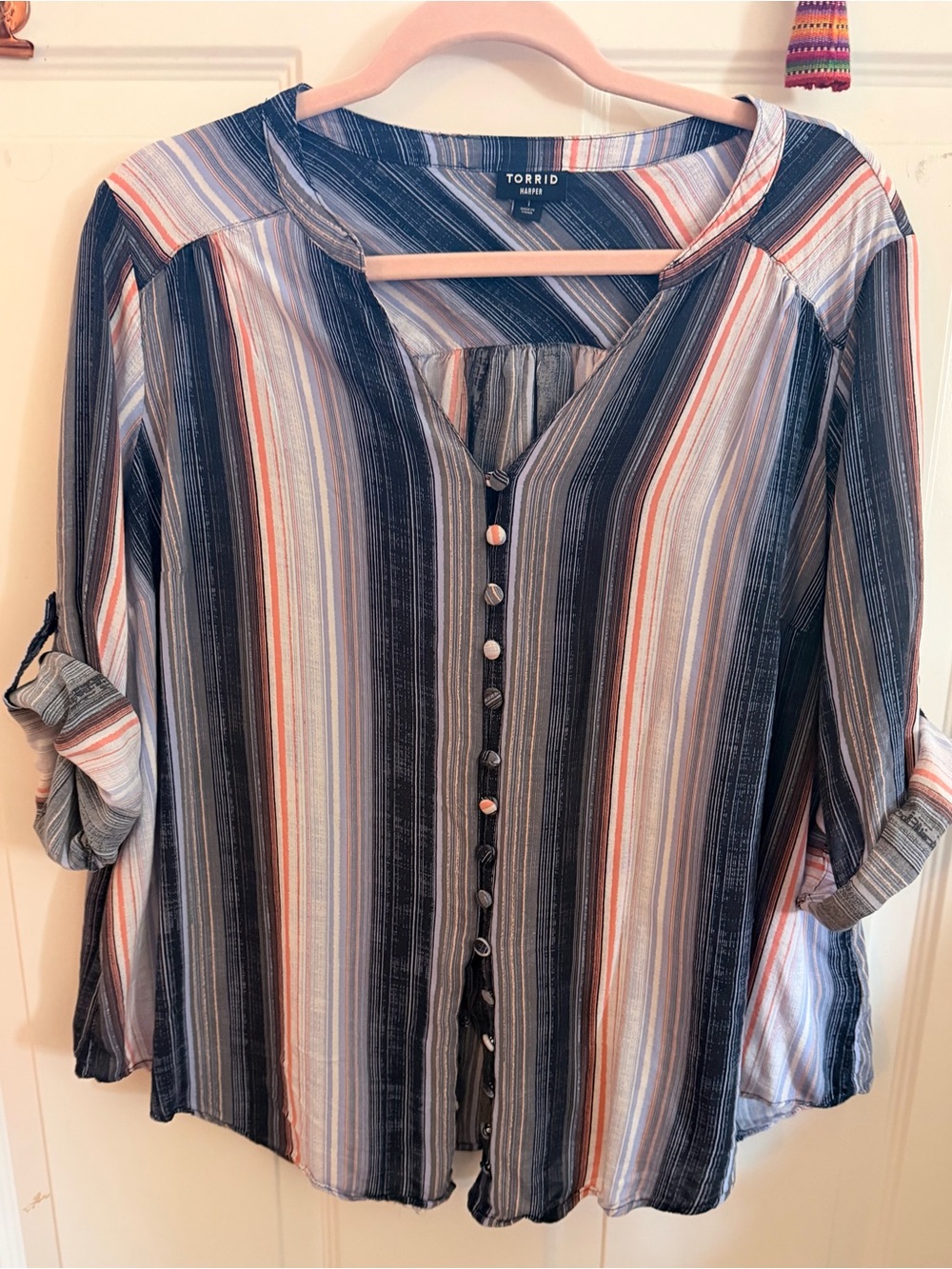 torrid Striped Button-Front Blouse in Navy, Coral and White